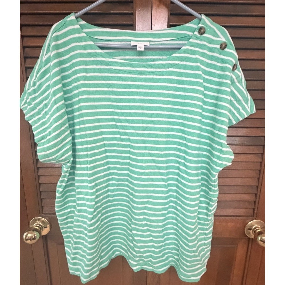 J. Jill Green White Striped Button Shoulder Top 3X Cotton Nautical Casual